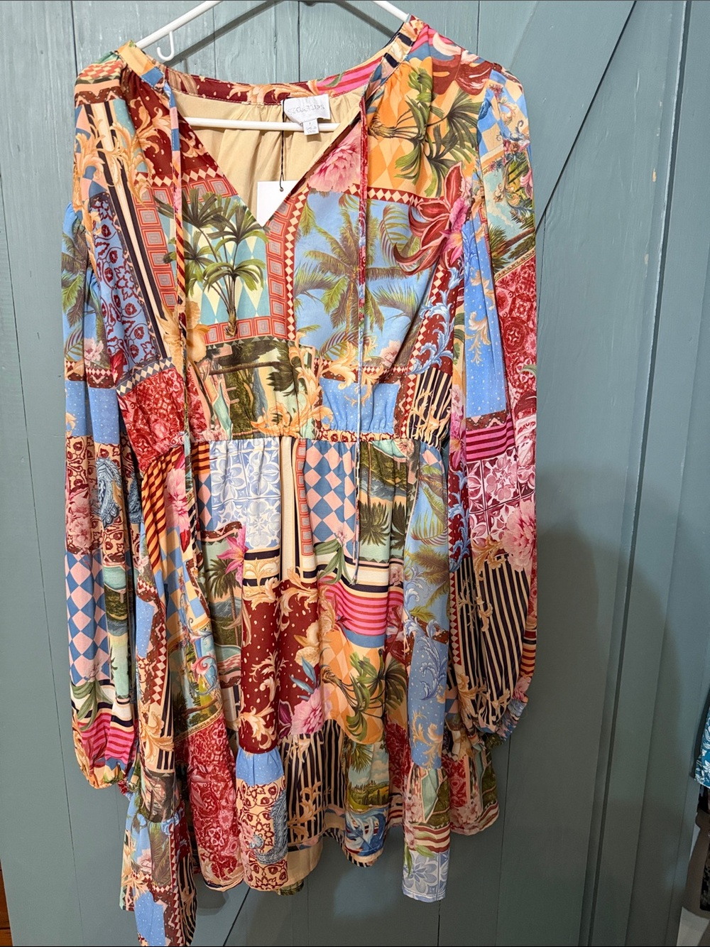 Anthropologie Patchwork Tropical Print Long Sleeve Mini Dress - Multicolor